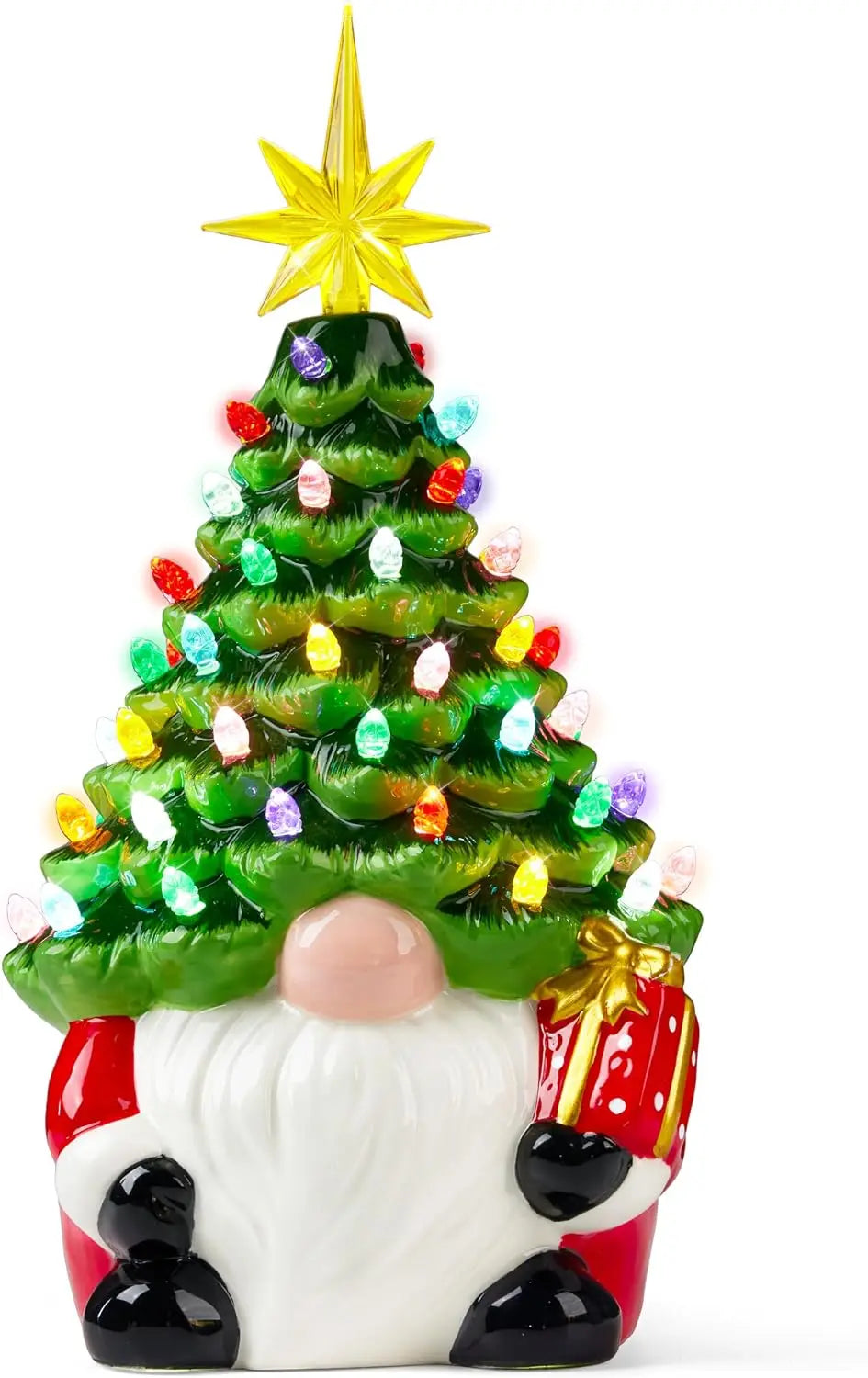12” Gnome Ceramic Tree Light up Tabletop Xmas Decor with 60 LED Lights Ceramic Tree with Christmas Themed Design Xmas Holiday Indoor Office Table Fireplace Decoration