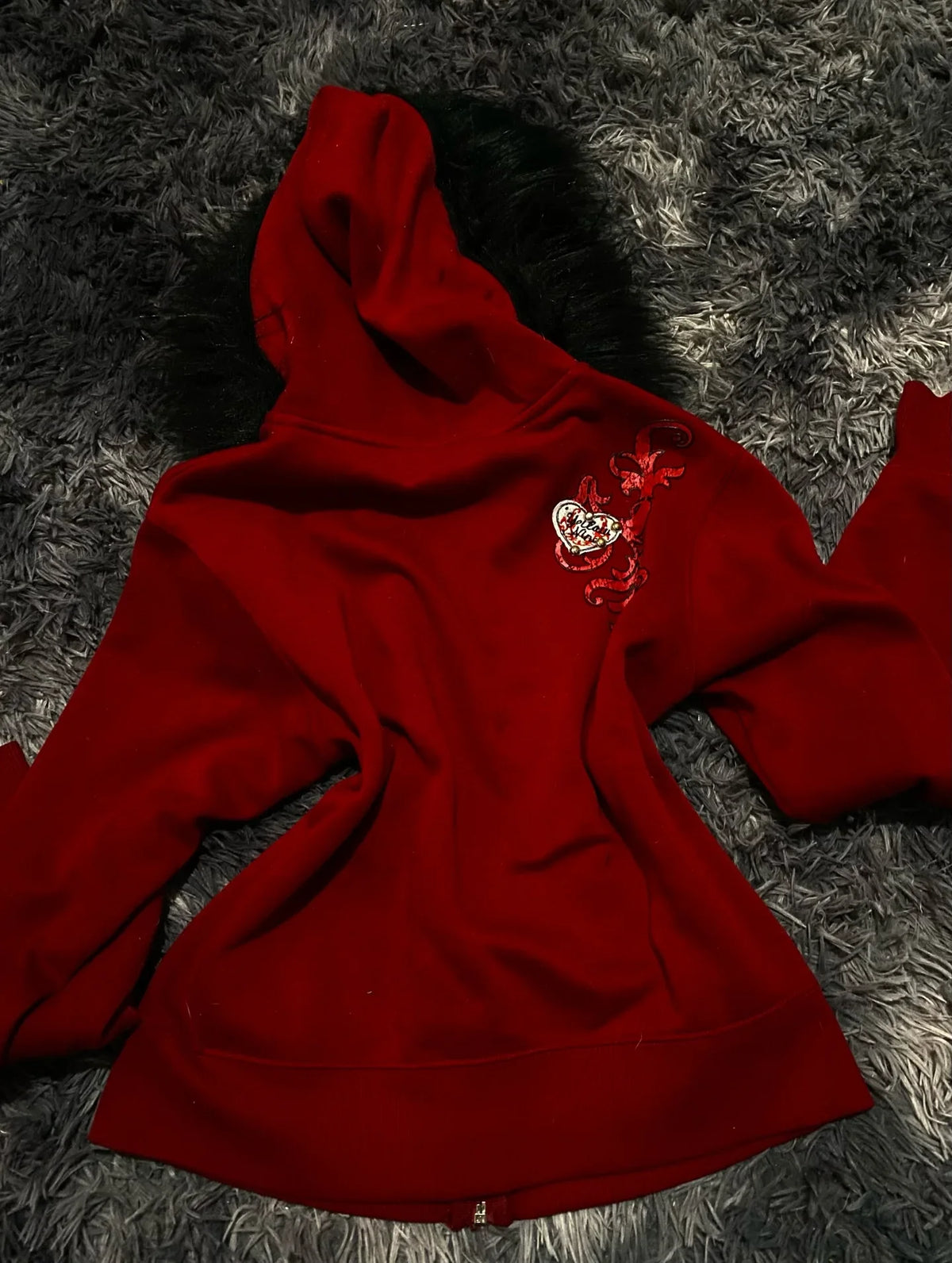 Women Y2K Gothic Zip Up Hoodie Red Faux Fur Collar Embroidery Rhinestone Hooded Jacket Grunge Streetwear Casual Sweatshirt