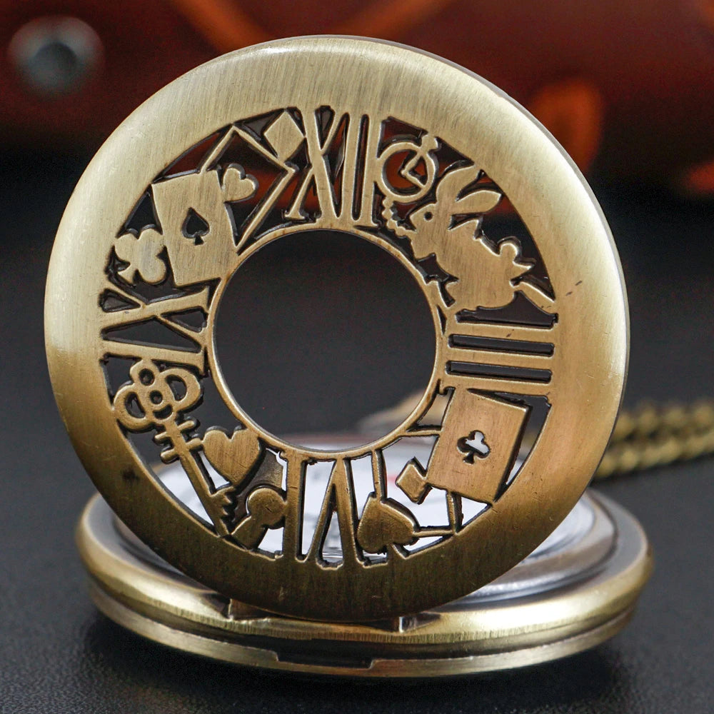 Bronze Fairy Tale Alice Poker Rabbit Hollow Characteristic Quartz Pocket Watch Retro Men's and Women's Necklace Pendant Gift SS69