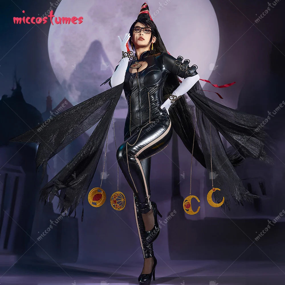 Miccostumes Women's Black Witch PU Leather Cosplay Bodysuit