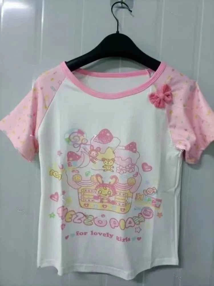 Japanese Sweet Kawaii Cartoon Polka Dot Print T-shirt Women Loose Casual Contrast Color Cute Graphic Tees Y2k Aesthetic Tops New