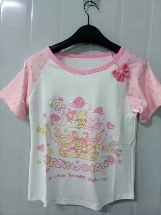 Japanese Sweet Kawaii Cartoon Polka Dot Print T-shirt Women Loose Casual Contrast Color Cute Graphic Tees Y2k Aesthetic Tops New