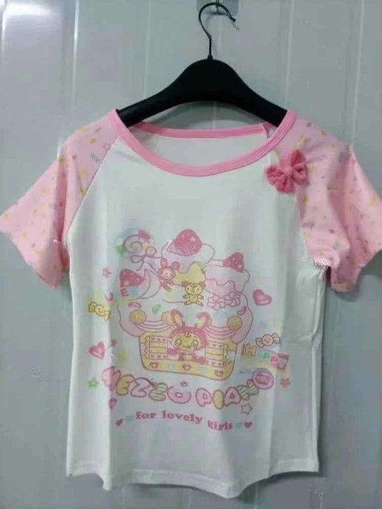 Japanese Sweet Kawaii Cartoon Polka Dot Print T-shirt Women Loose Casual Contrast Color Cute Graphic Tees Y2k Aesthetic Tops New