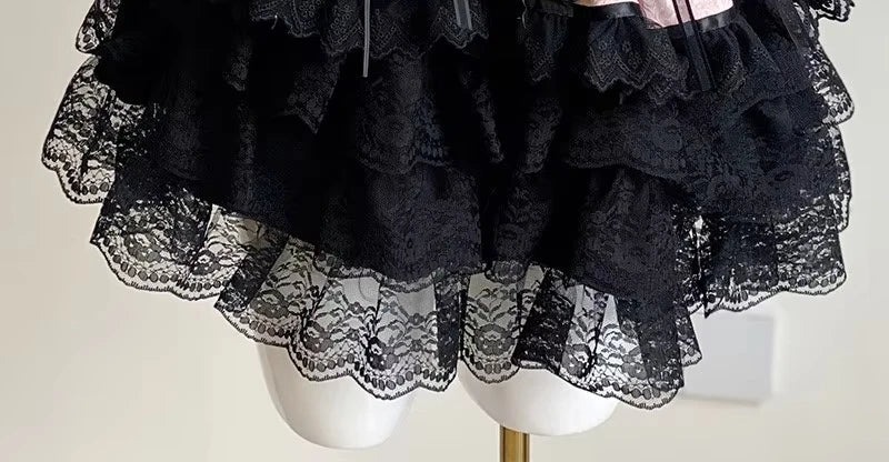 2024 New Spring Summer Ladies Exquisite Lace Skirt Suit Lolita Sweet Womens Black Pink Bow Tube Top Sling Short Cake Skirt Set SS69 45.69 black pink skirt / S