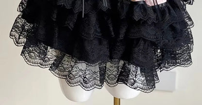 2024 New Spring Summer Ladies Exquisite Lace Skirt Suit Lolita Sweet Womens Black Pink Bow Tube Top Sling Short Cake Skirt Set SS69 45.69 black pink skirt / S