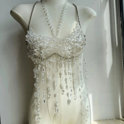 Ladies Body Chain Beading Camisole Vest Hollow Out Top Body Jewelry Exaggerated Pearl Neck Bustier Fashion Bra Women Club Rave SS69 38.69 transparent 2 / One Size