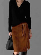 Retro Brown Genuine Kid Suede Real Leather Pencil Skirt Side Slit Soft Lambskin Midi Skirt with Knee Length Women