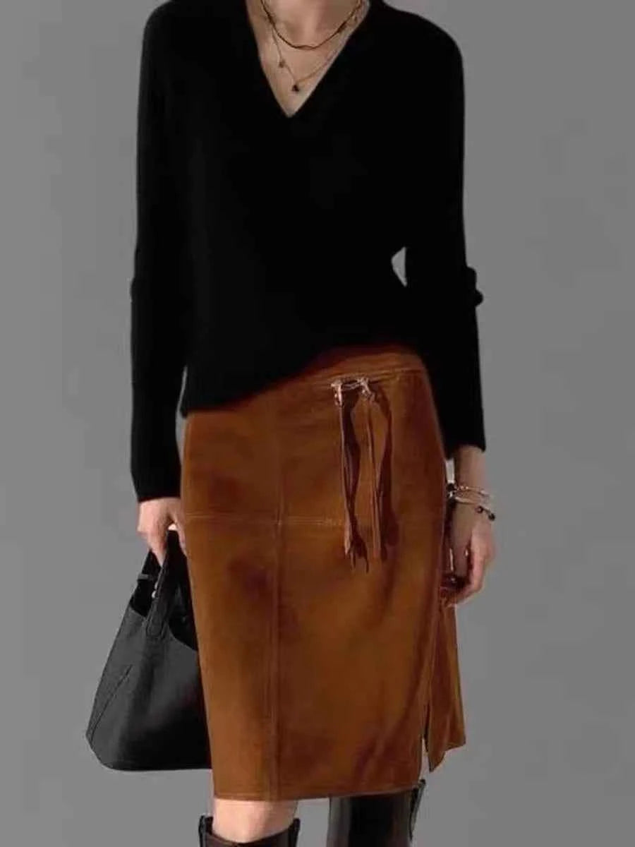 Retro Brown Genuine Kid Suede Real Leather Pencil Skirt Side Slit Soft Lambskin Midi Skirt with Knee Length Women