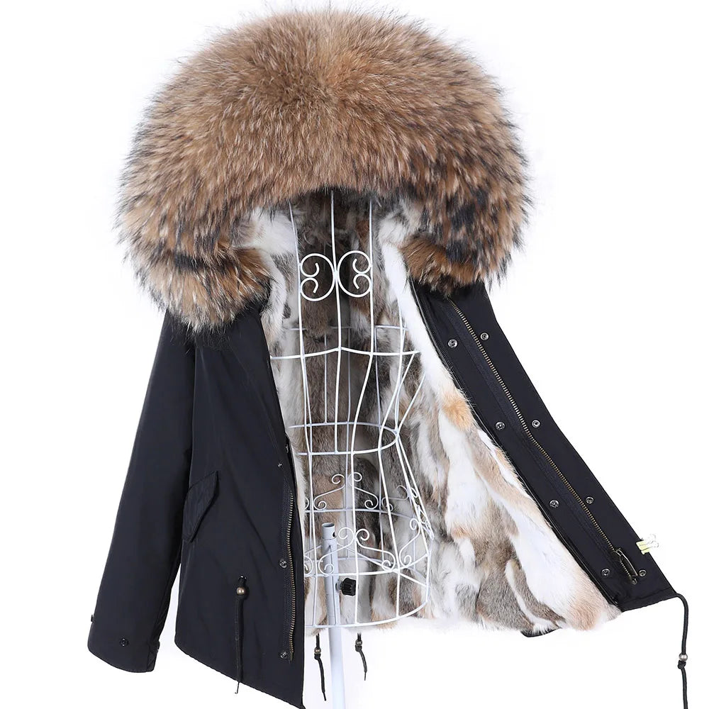 Maomaokong Winter Women Parka Cotton Jacket Real Fur Coat Natural Fox Fur Hooded Rabbit Fur Liner Thick Warm Outerwear Female