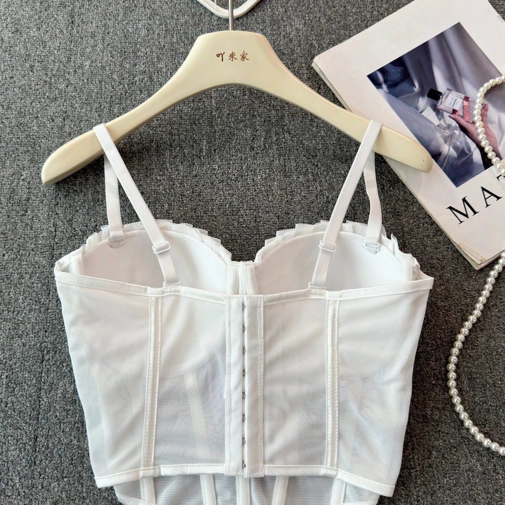 korean fashion mesh summer Fashion fishbone camis Corset  Slim Hotsweet Tank Top Women sweet crop top SS69