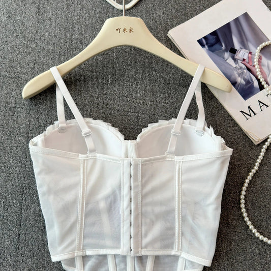korean fashion mesh summer Fashion fishbone camis Corset  Slim Hotsweet Tank Top Women sweet crop top SS69