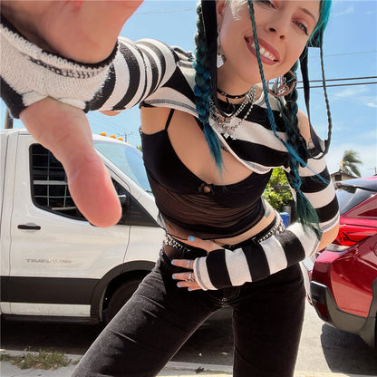 Dourbesty Punk Gothic T-Shirts Crop Top Women Hollow Out Cut-out Shoulder Long Sleeve T-shirt 2000s Aesthetic Streetwear y2k SS69
