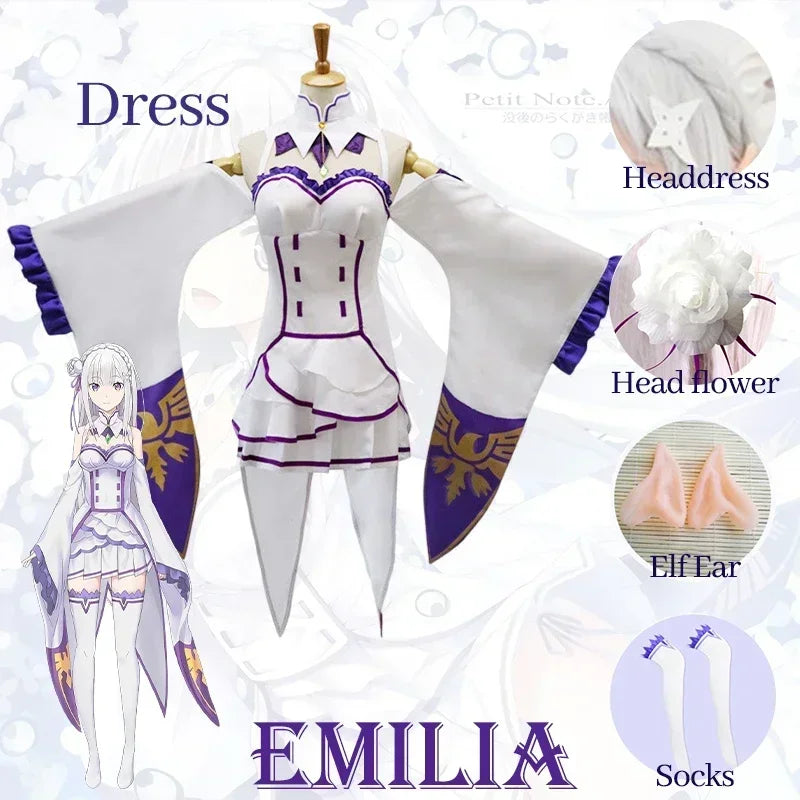 Emilia Cosplay Costume Set for Women - Anime Dress with Headdress