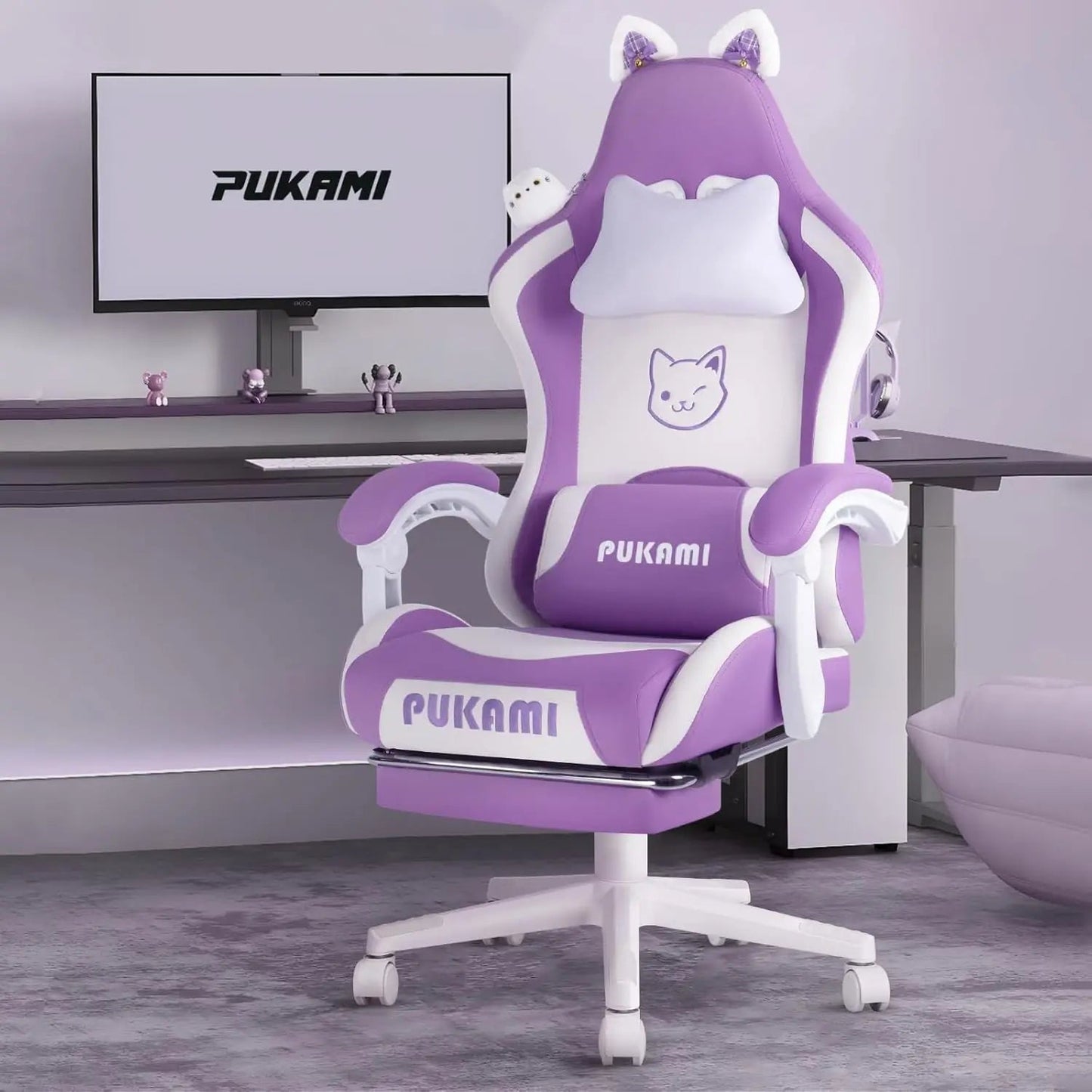 Pink Gaming Chair Cute with Cat Ears and Cat Paw Lumbar Cushion, Ergonomic Computer Chair for Girl with Footrest and Headrest SS69 145.69 United States / Purple