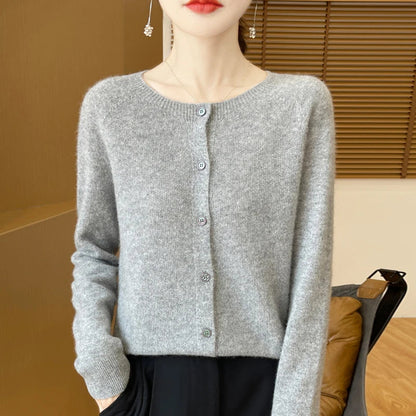 100%Merino Wool Cardigan Women's Round Neck Casual High-Quality AutumnWinter Solid Color Jacket Knit Basic Sweater Pure Wool Top SS69 23.69 GRAY / XL / CHINA