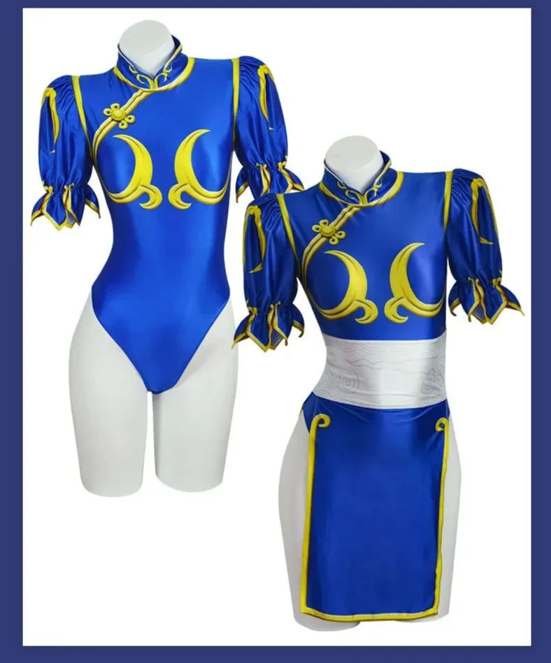 Chun Li Cosplay Dress Set - Women's Blue Qipao Game Costume