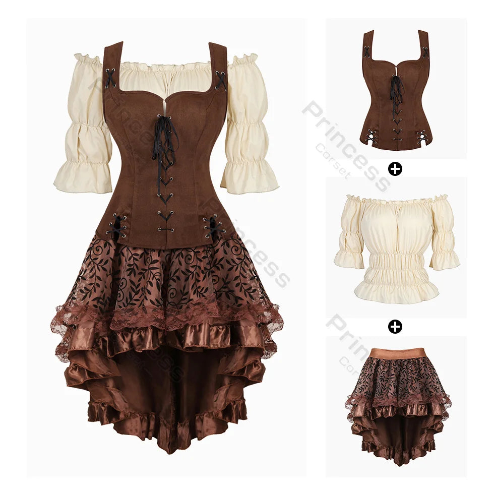 Brown Pirate Dress Plus Size Faxu Leather Steampunk Corset Dress with Shoulder Off Blouse Cosplay Pirate Costume for Women SS69