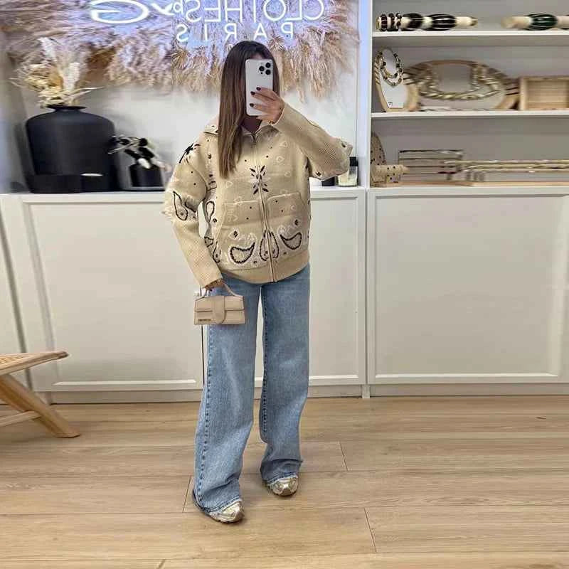 Warm Printed High Collar Knit Cardigans Women Contrast Jacquard Zipper Full Sleeve Pocket Sweater 2026 Spring Lady Chic Knitwear