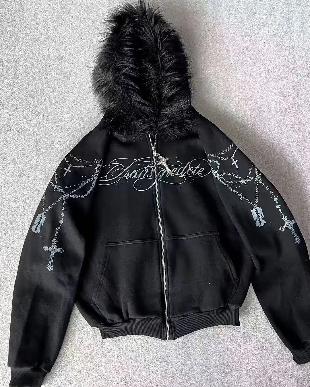 Women Y2K Gothic Zip Up Hoodie Red Faux Fur Collar Embroidery Rhinestone Hooded Jacket Grunge Streetwear Casual Sweatshirt