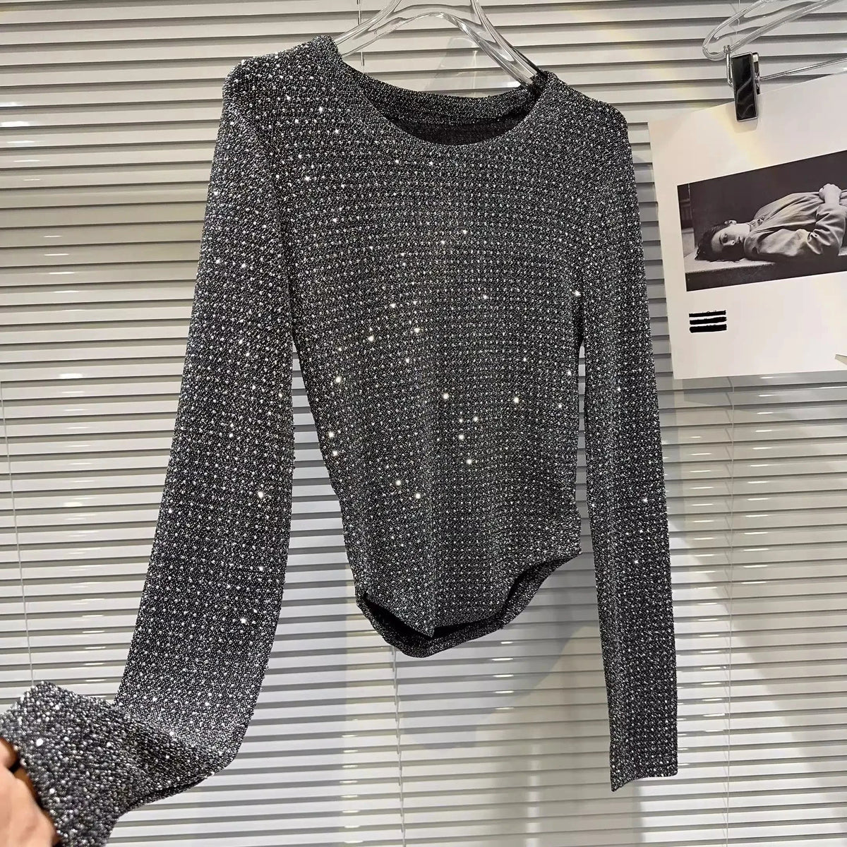 Fat people oversized wear 300 catties fashion rhinestone diamond bright silk curved edge women's long-sleeved T-shirt SS69