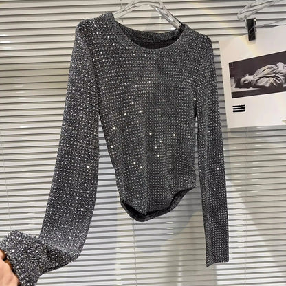 Fat people oversized wear 300 catties fashion rhinestone diamond bright silk curved edge women's long-sleeved T-shirt SS69