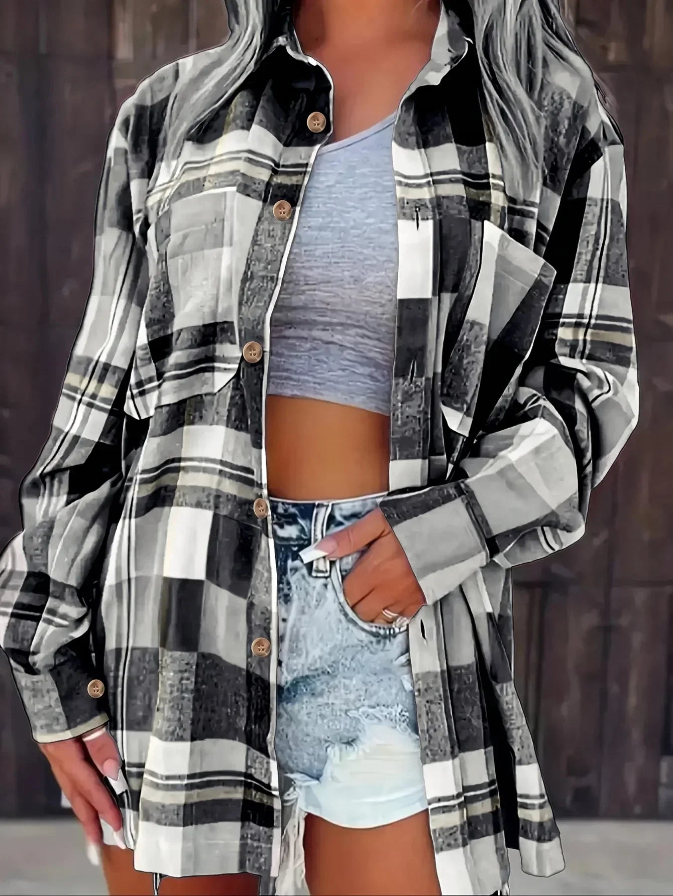 Women Plus Size Fashion Plaid Printed Shirt Casual Loose Long Sleeved Shirt  Lapel Design Shirt Tops SS69 27.69 black / 4XL