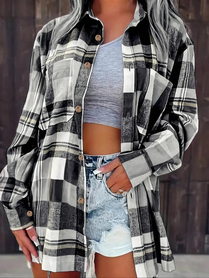 Women Plus Size Fashion Plaid Printed Shirt Casual Loose Long Sleeved Shirt  Lapel Design Shirt Tops SS69 27.69 black / 4XL