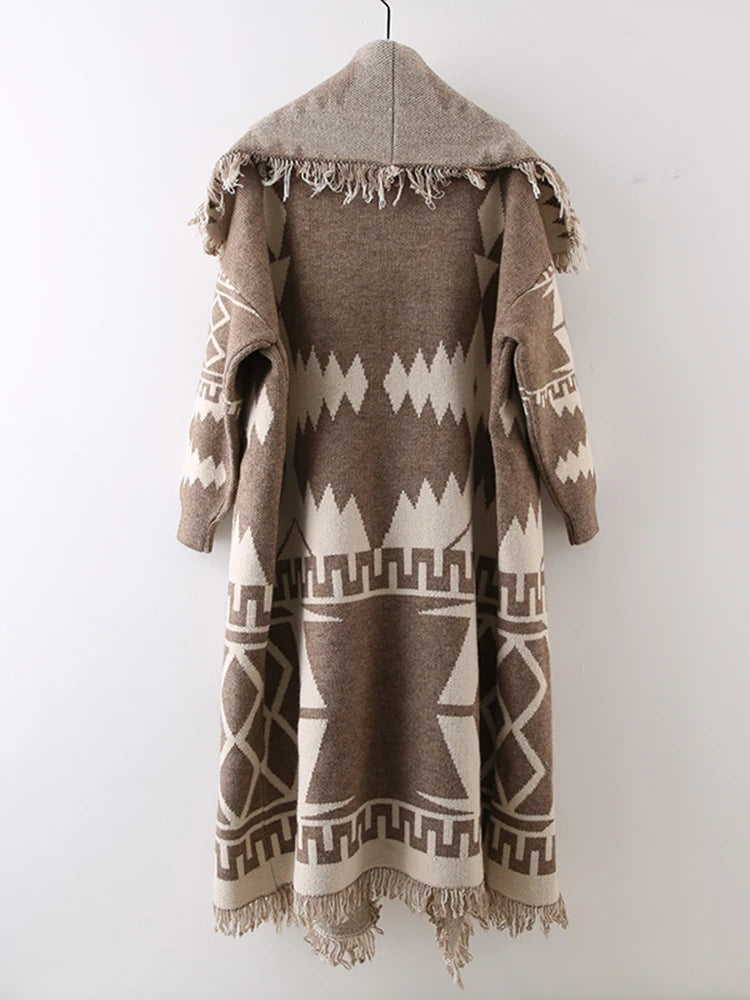 DEAT 2026 Autumn Women's Vintage Cardigan Tassel Edge Contrast Color Long Coat Large Lapel Long Sleeve Female Coat New 15C633
