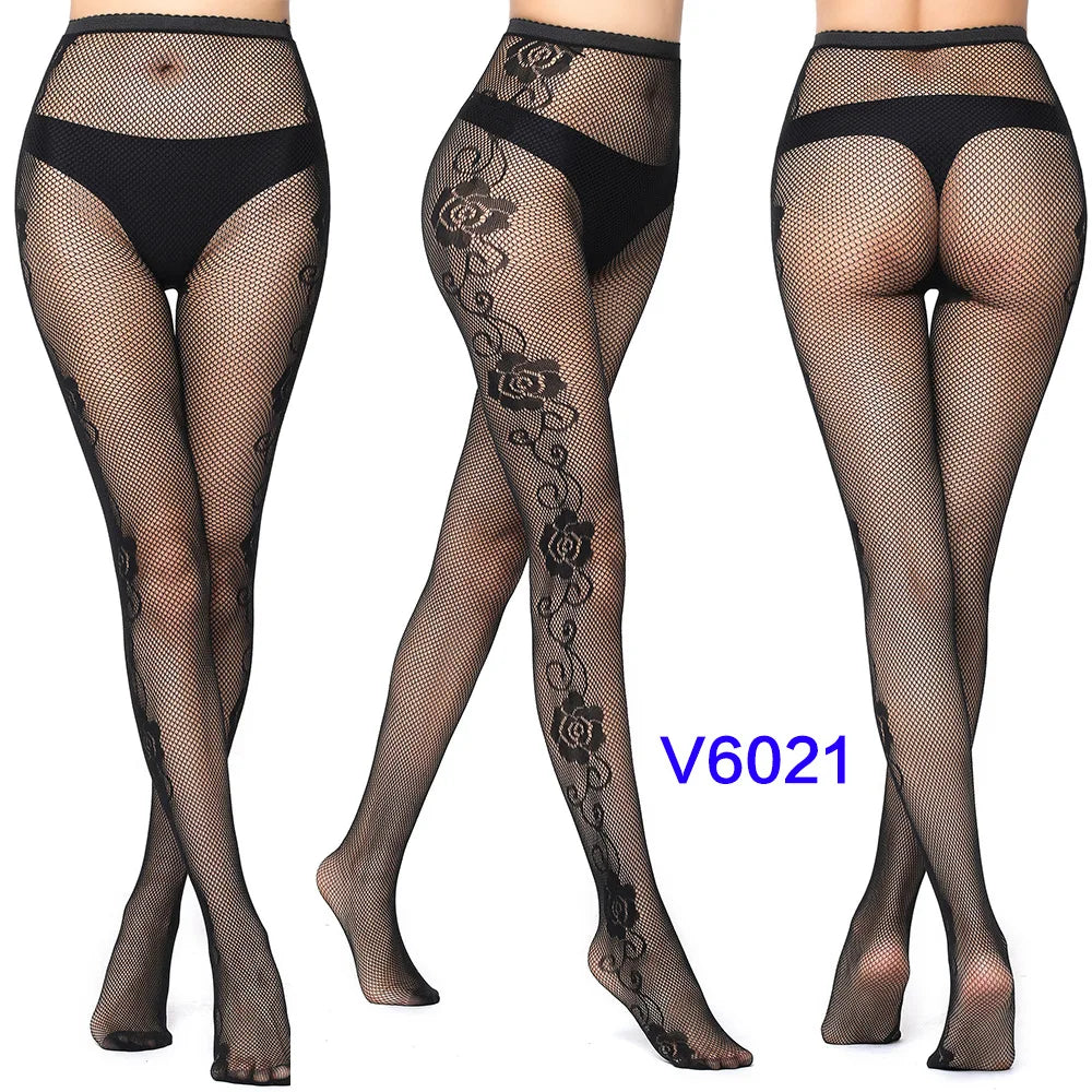 Women's Sexy Hollow Jacquard Fishnet Tights Stockings Floral Lace Thigh High waist Pantyhose Nightclub Garter Hot Wind Stocking SS69 8.69 A-2-4 V-6021