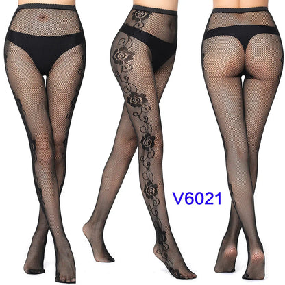 Women's Sexy Hollow Jacquard Fishnet Tights Stockings Floral Lace Thigh High waist Pantyhose Nightclub Garter Hot Wind Stocking SS69 8.69 A-2-4 V-6021