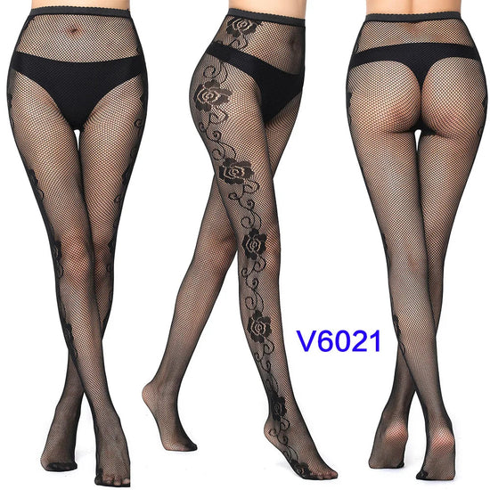 Women's Sexy Hollow Jacquard Fishnet Tights Stockings Floral Lace Thigh High waist Pantyhose Nightclub Garter Hot Wind Stocking SS69 8.69 A-2-4 V-6021