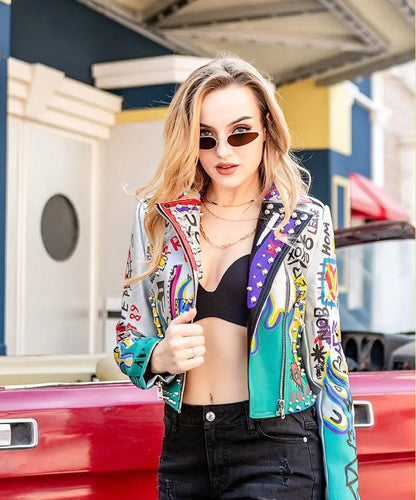 Womens Rivet Beading Pu Jacket Hit Color Streetstyle Graffiti Outerwear Letters Printed Leather Jackets Short Punk Street Coat SS69