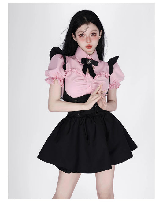 Summer Kawaii Clothing Pink Y2k Crop Tops Blouse + Black Mini Dress Two Piece Set for Women Casual Bodycon Korean Suit Chic SS69