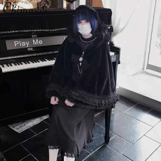 Japanese Mine Lace Splicing Cute Bow Lolita Shawl Jacket Autumn and Winter New Sweet Girl Loose Warm Plush Cape Coat Women