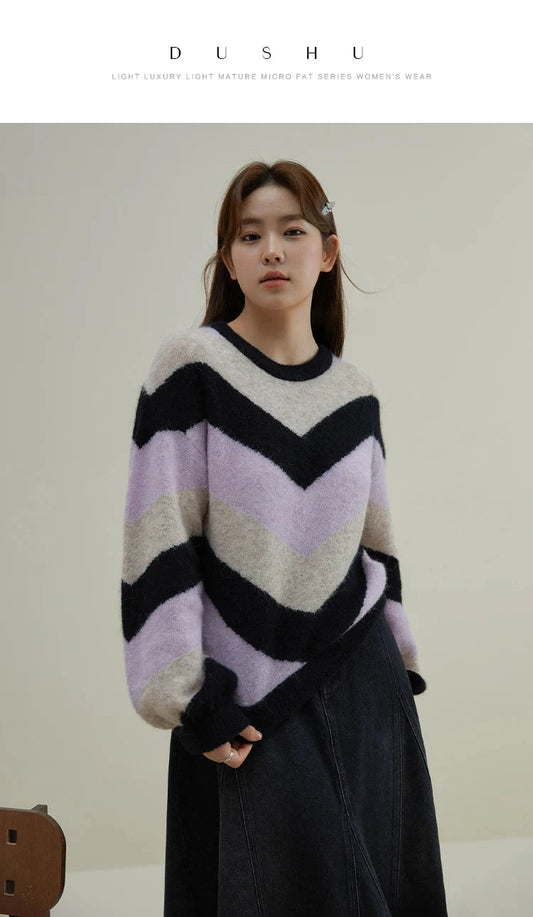 DUSHU Loose Soft Sticky Stripe Knit Shirt Pullovers Winter 2023 New Peruvian Alpaca Wool Inner Layer Knit Pullovers For Women SS69