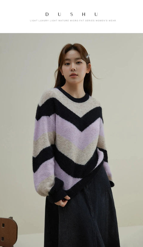 DUSHU Loose Soft Sticky Stripe Knit Shirt Pullovers Winter 2023 New Peruvian Alpaca Wool Inner Layer Knit Pullovers For Women SS69
