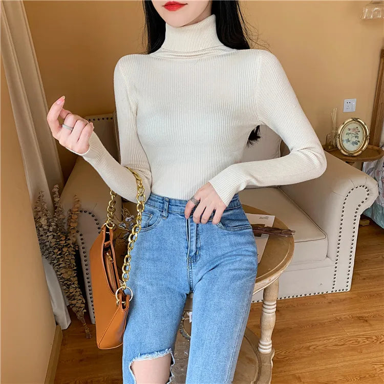 2025 Autumn Winter Women Long Sleeve Knitted Foldover Turtleneck Ribbed Pull Sweater Soft Warm Femme Jumper Pullover Clothes SS69