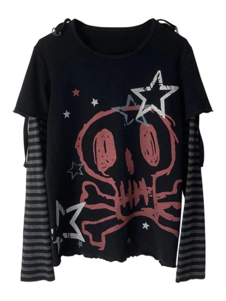 Oversized T Shirt Women's Clothing Chic Fake Two Tees 2025 Ropa Mujer Anime Punk Camisetas Skull Y2k Tops Casual Fashion T-shirt SS69