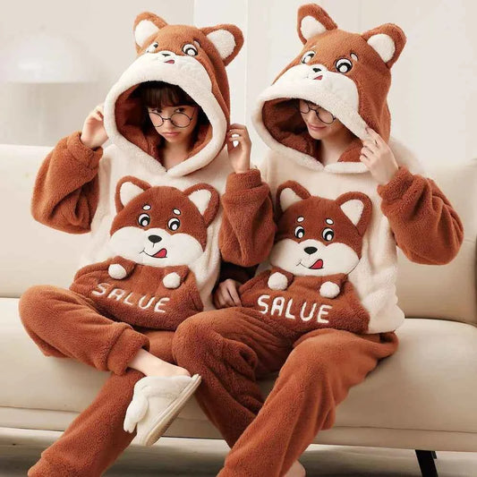 Adult Winter Thicken Sleepwear Pajamas Set Women Coral Fleece Pyjama Cartoon Deer Panda Hooded Homewear Loungewear Pijamas Suit
