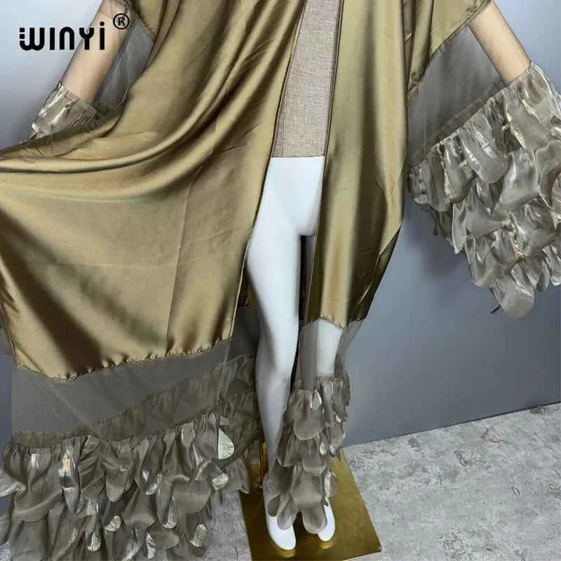 WINYI Catwalk sexy Kimono Women elegant coat Long Sleeve Cardigan abaya dubai luxury beachwear Cover Up dress holiday Caftan