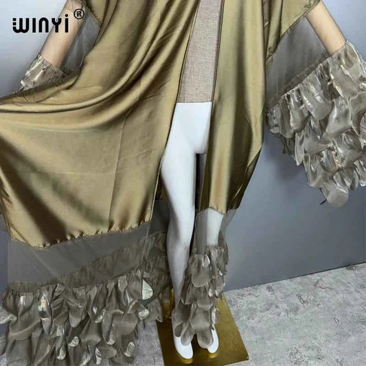WINYI Catwalk sexy Kimono Women elegant coat Long Sleeve Cardigan abaya dubai luxury beachwear Cover Up dress holiday Caftan
