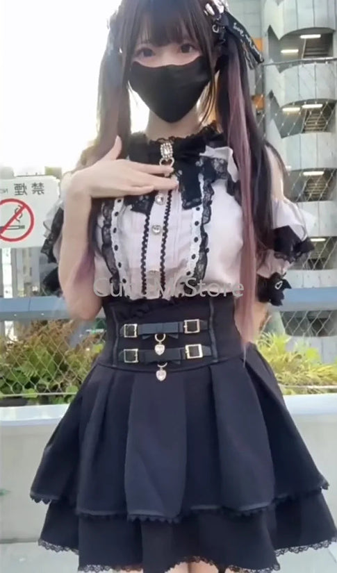 Japanese Kawaii Mini Cake Skirts Womens Jupe Fairy Bandage Lolita High Waist Y2k Aesthetic Sweet Lace Gothic JK Faldas Skirt SS69