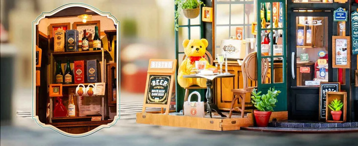 Robotime Rolife DIY Miniature House Kit Tipsy Restaurant Desk Bookshelf Decoration for Adults Gift Idea For Girls Boys Kids