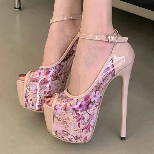 Eilyken Street Style Print Flower Buckle Strap Platform Sandals Women Sexy Stiletto Heels Nightclub Stripper Shoes Zapatos Mujer