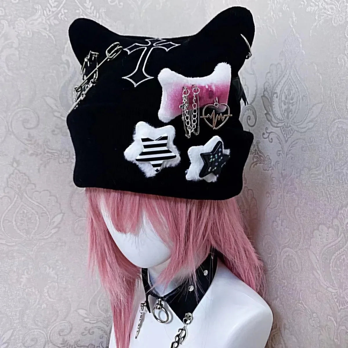 Gothic Punk Cat Ear Hat Cross Skeleton Knitted Black Y2K Girl Subculture Cute Lace Net Hat Chinese Brand None( AE Stock) SS69