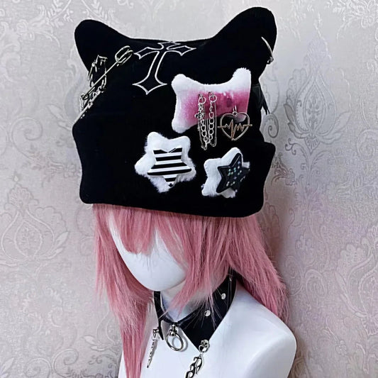 Gothic Punk Cat Ear Hat Cross Skeleton Knitted Black Y2K Girl Subculture Cute Lace Net Hat Chinese Brand None( AE Stock) SS69