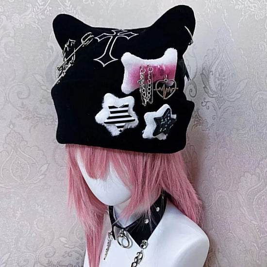 Gothic Punk Cat Ear Hat Cross Skeleton Knitted Black Y2K Girl Subculture Cute Lace Net Hat Chinese Brand None( AE Stock) SS69