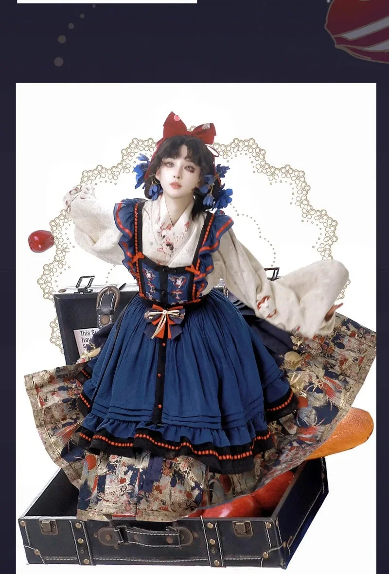 New Spring Chinese Style Female Long-sleeved Weaving Gold Hanfu Dress Set Suit Retro Top Suspender Dress and Pleated Skirt Set