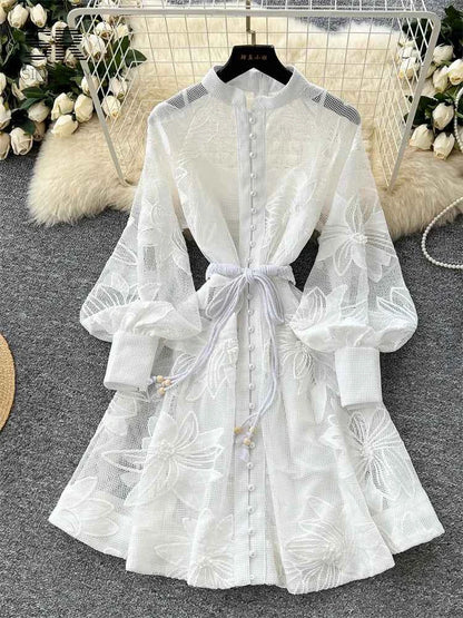 SINGREINY Women Elegant Floral Emboridery Dress Hollow Out Long Sleeve Single Breasted Belt French Court Chic Short A Line Dress