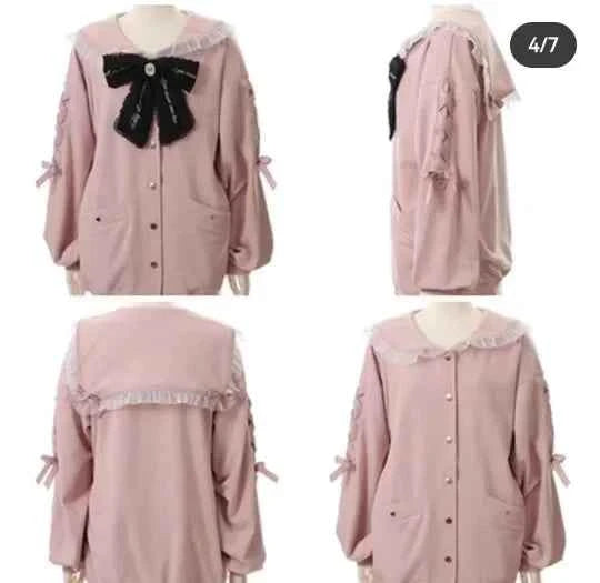 Mine Series Japanese Embroidery Bow Sail Collar Black Long Sweatshirt Coat Women Hoodie Lolita Sweet Girls Pink Hoodies Jacket